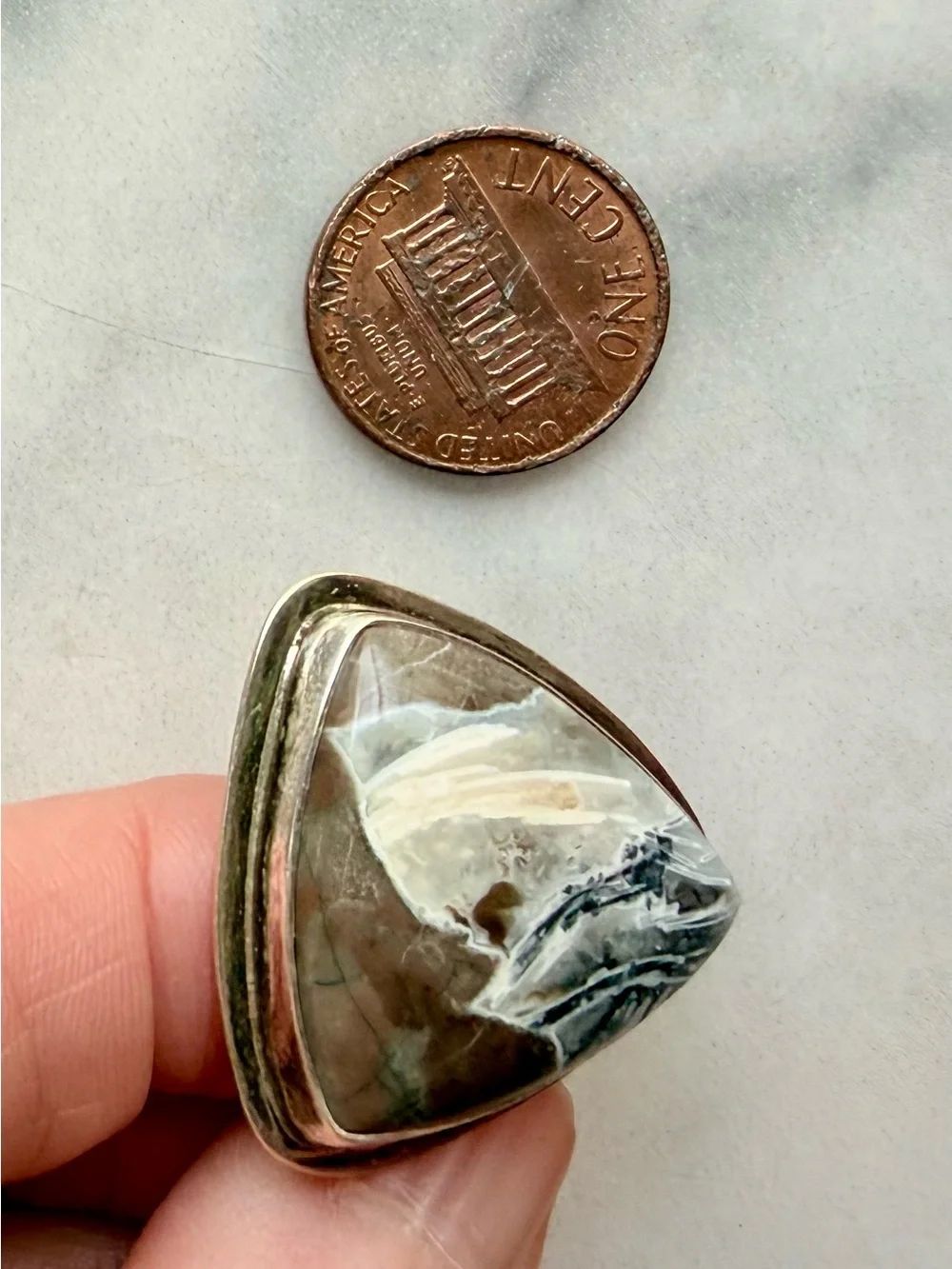 Triangular Moss Agate Statement Ring in Green and Cream